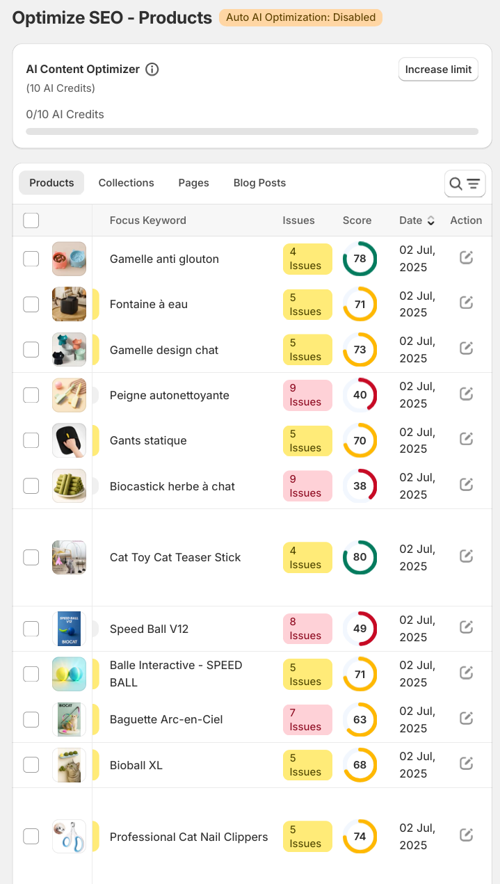 Product SEO report before optimization showing many issues and low scores