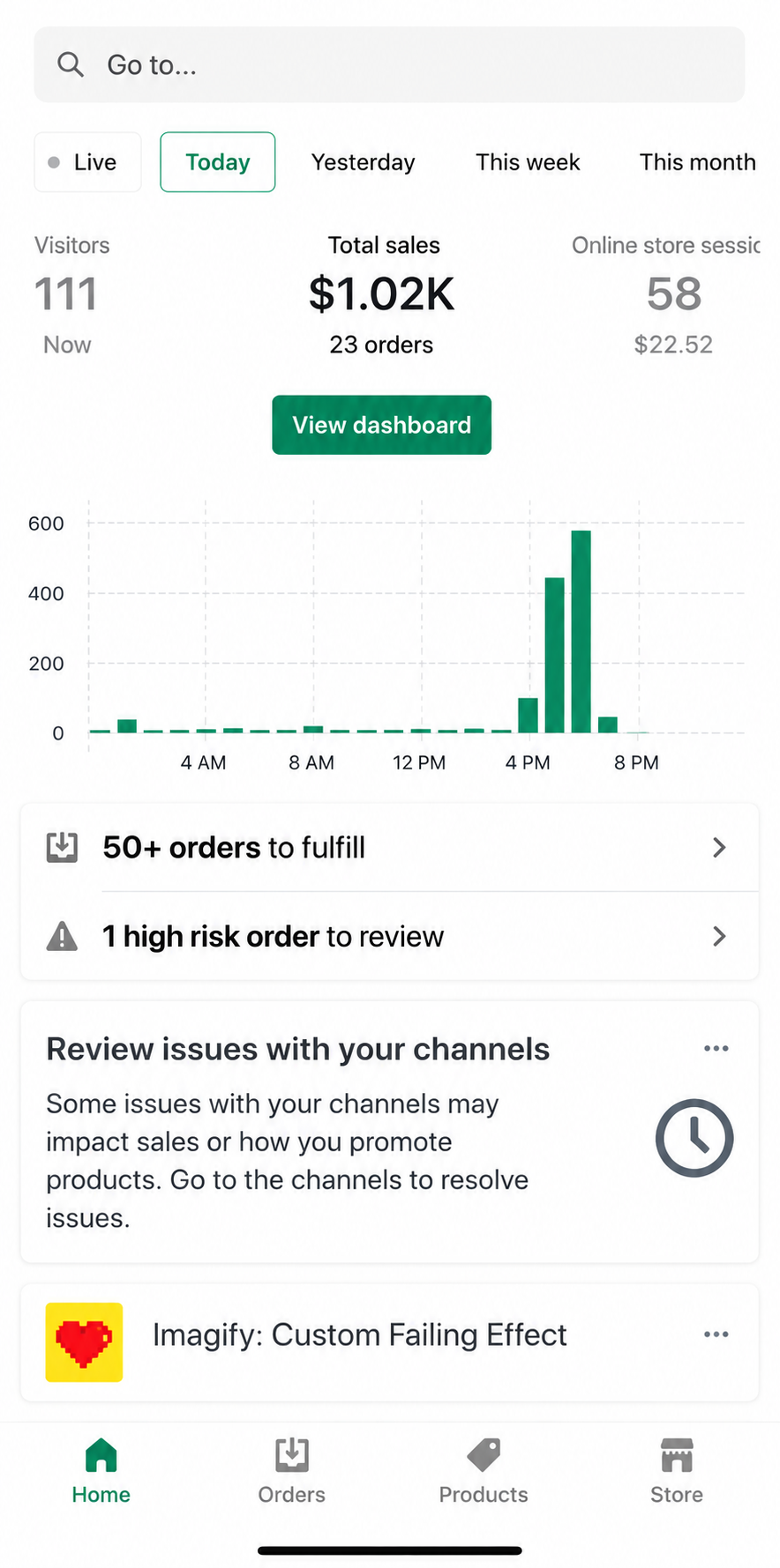 Shopify dashboard before optimization